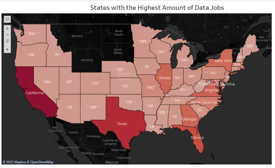 Map of U.S. states by number of data analyst job postings